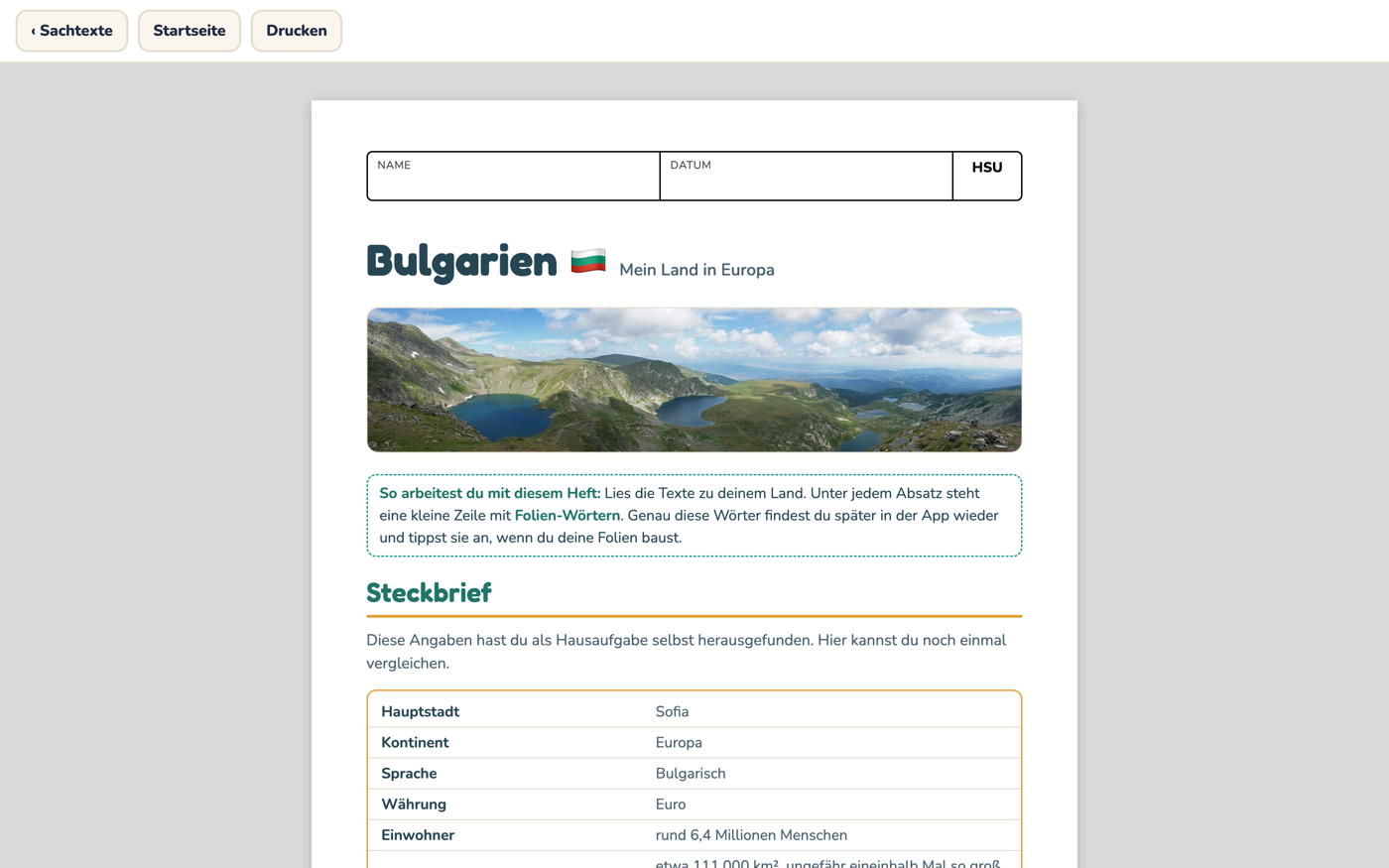 Das Heft Bulgarien in der App mit Steckbrief und Titelbild